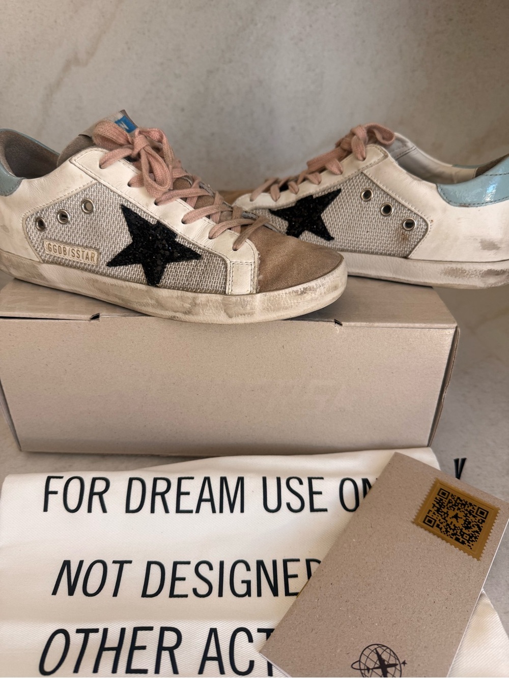 39 Golden Goode Low Star Sneakers in White with Black Star blue heel pink lace
